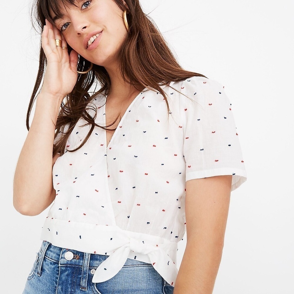 Madewell Short-Sleeve Wrap Top in Clipdot white blue red dot blouse